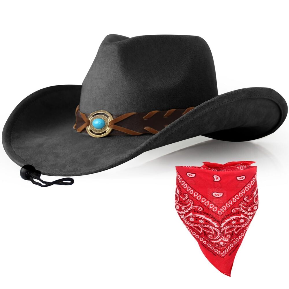 6385 Cowboy Hat with Bandana Set - Adjustable Wide Brim Western Hat &